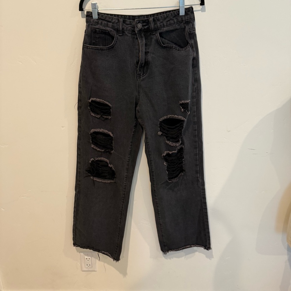 Romwe Distressed Black Jeans Womens Size Medium High Rise Straight Mom Jean Wide